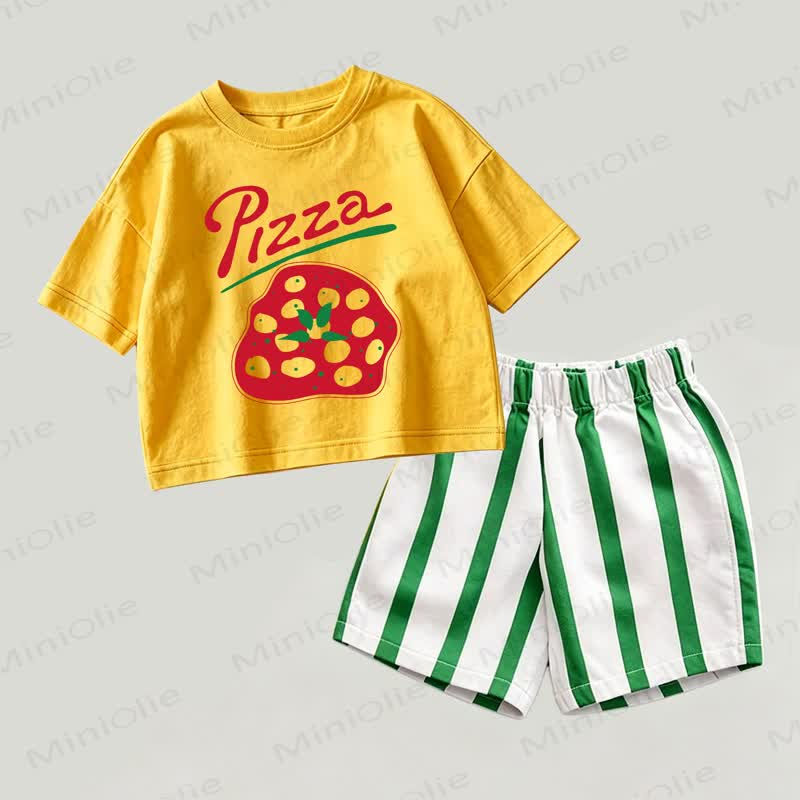 PIZZA Baby Yellow&Green Slogan Top and Striped Shorts 2-piece Set - Yellow&Green - 2-3T - image 1