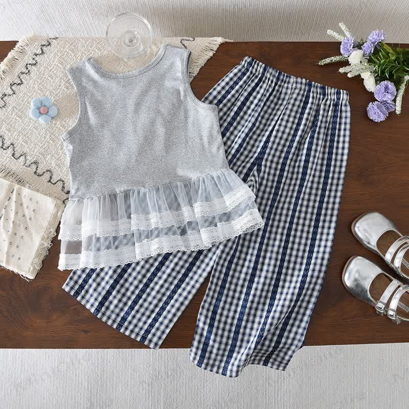 Toddler Girl Bow Print Ruffle Sleeveless Top and Plaid Pants 2-piece Set - image 2