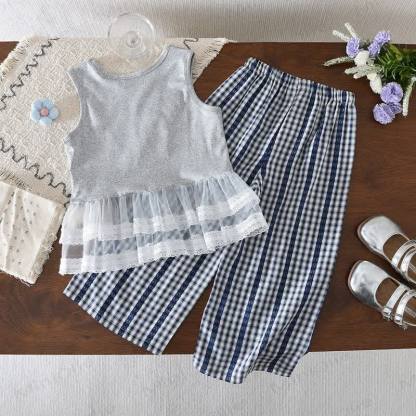 Toddler Girl Bow Print Ruffle Sleeveless Top and Plaid Pants 2-piece Set - image 2