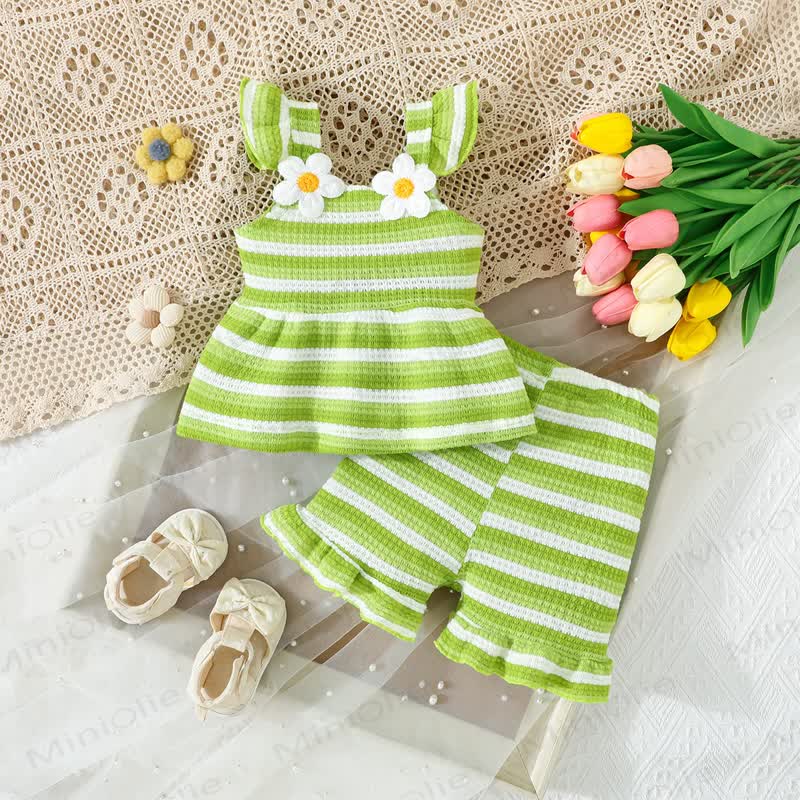 Baby Girls Strap Striped Ruffle Hem Top and Shorts 2-piece Set - Green - 2-3Y - image 4