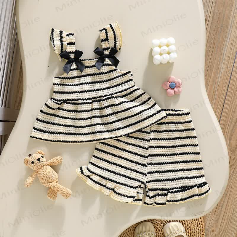 Baby Girls Strap Striped Ruffle Hem Top and Shorts 2-piece Set - Beige - 2-3Y - image 5