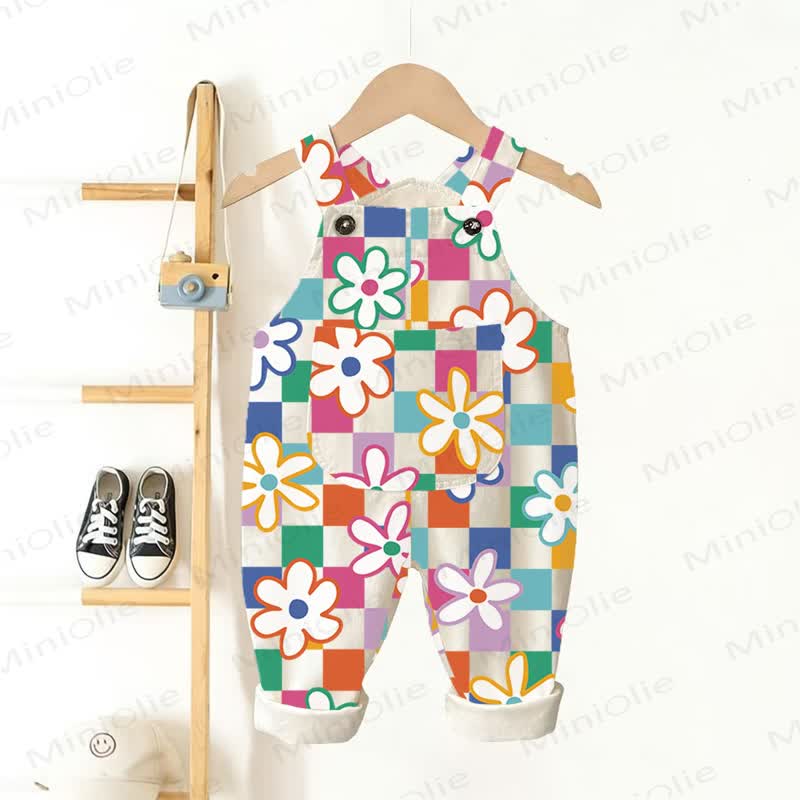 Baby Toddler Checkerboard Floral Print Overalls - Beige - 3-5T - image 1