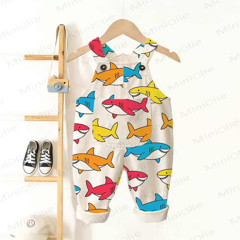 Baby Toddler Shark All-Over Print Overalls - Beige - 3-5T - image 1
