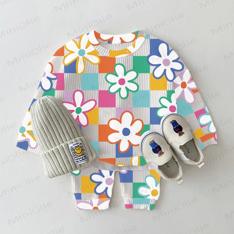 Baby Colorful Checkered Daisy Print Waffle 2-piece Set - White - 2-3T - image 1