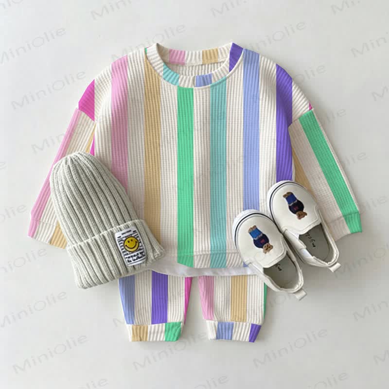 Baby Rainbow Stripe Waffle 2-piece Set - White - 2-3T - image 1