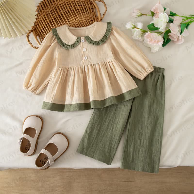 Baby Girl Khaki Ruffle Collar Peplum Top and Pants 2-piece Set - Khaki - 3-4Y - image 1