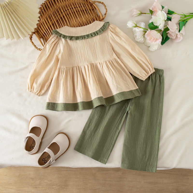Baby Girl Khaki Ruffle Collar Peplum Top and Pants 2-piece Set - image 2