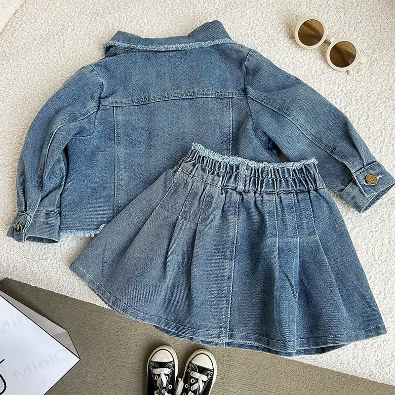 Toddler Girl Blue Frayed Denim Jacket and Skirt 2-piece Set - image 2
