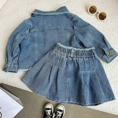 Toddler Girl Blue Frayed Denim Jacket and Skirt 2-piece Set - image 2