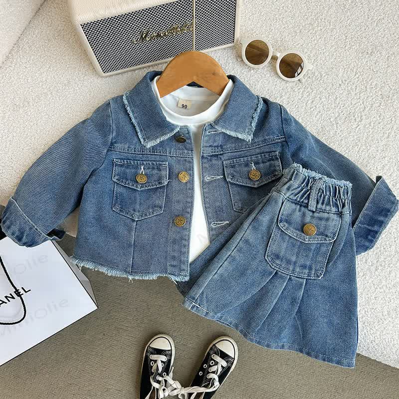 Toddler Girl Blue Frayed Denim Jacket and Skirt 2-piece Set - Blue - 10-11T - image 1