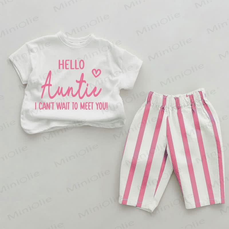 HELLO AUNTIE I CAN'T WAIT TO MEET YOU! Baby Girls Pink Vertical Striped 2-piece Set - White&Pink - 2-3T - image 1