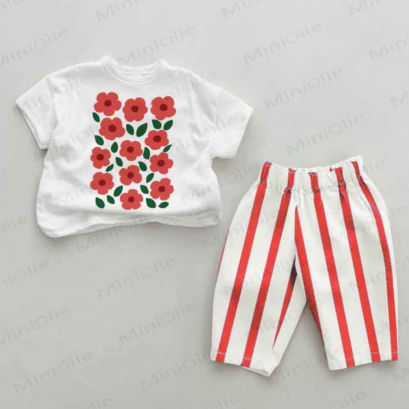 Baby Flowers White&Red Vertical Striped 2-piece Set - White&Red - 4-5T - image 1