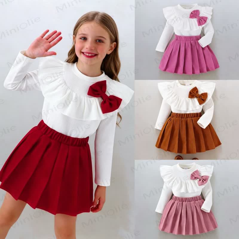 Toddler Girl Ruffle Bow Long Sleeve Top and Pleated Skirt 2-piece Set - image 1