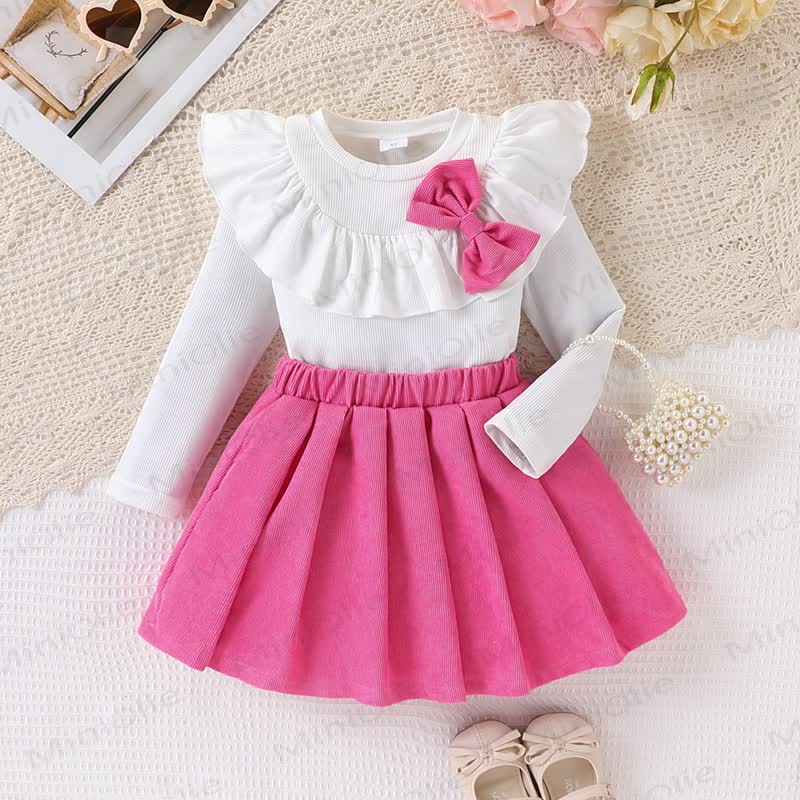 Toddler Girl Ruffle Bow Long Sleeve Top and Pleated Skirt 2-piece Set - Fuchsia - 7Y - image 2