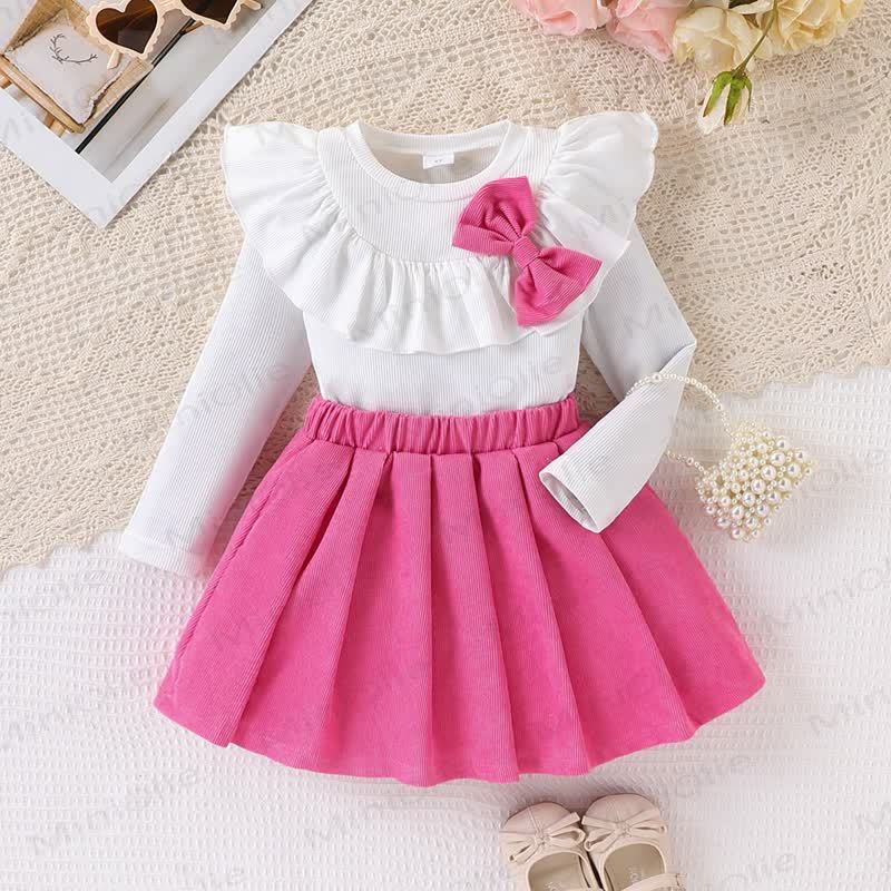 Toddler Girl Ruffle Bow Long Sleeve Top and Pleated Skirt 2-piece Set - Fuchsia - 7Y - image 2