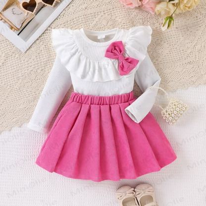 Toddler Girl Ruffle Bow Long Sleeve Top and Pleated Skirt 2-piece Set - Fuchsia - 7Y - image 2
