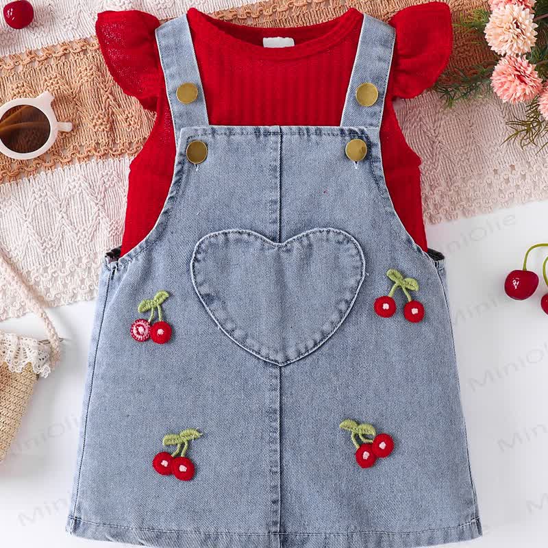 Baby Girl Sleeveless Top and Cherry Embroidered Denim Pinafore 2-piece Set - image 3