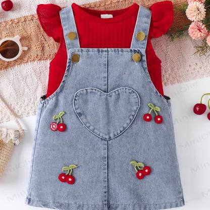 Baby Girl Sleeveless Top and Cherry Embroidered Denim Pinafore 2-piece Set - image 3