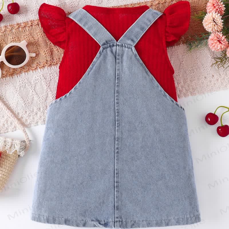 Baby Girl Sleeveless Top and Cherry Embroidered Denim Pinafore 2-piece Set - image 4