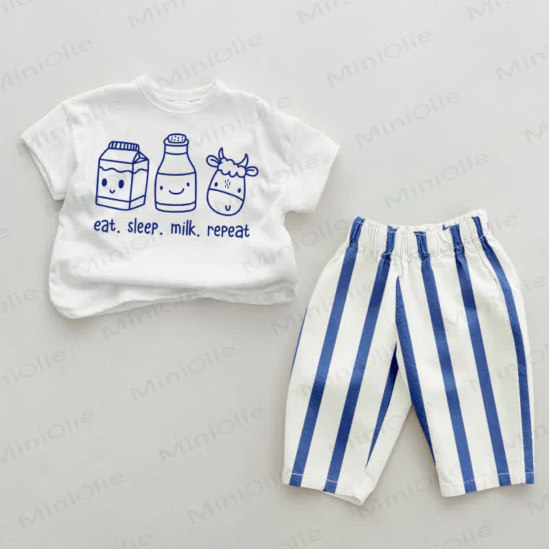 EAT. SLEEP. MILK. REPEAT Baby Blue Vertical Striped 2-piece Set - White&Blue - 2-3T - image 1