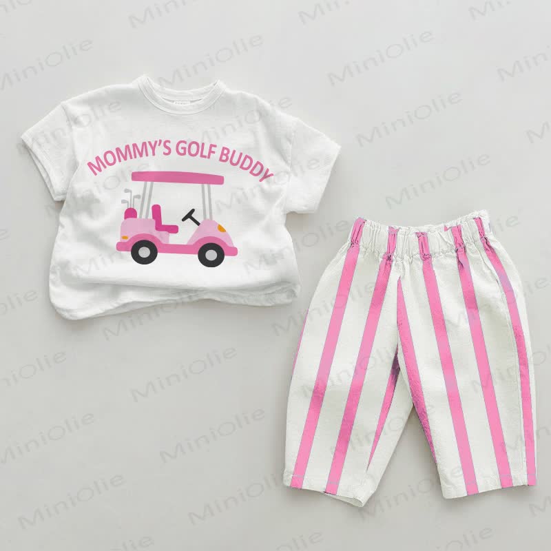 DADDY/MOMMY'S GOLF BUDDY Baby Pink Vertical Striped 2-piece Set - White&Pink: MOMMY'S - 2-3T - image 2
