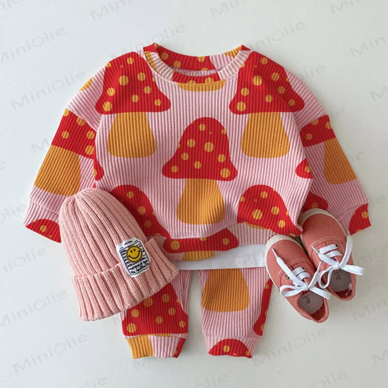 Baby Mushroom Print Pink Waffle 2-piece Set - Pink - 2-3T - image 1