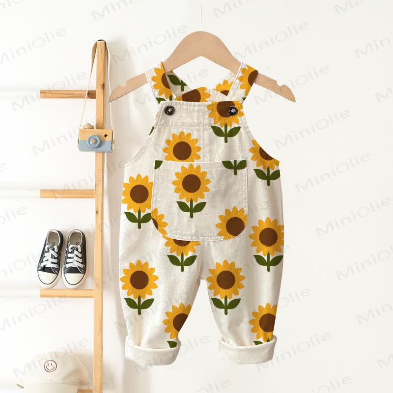 Baby Toddler Sunflower Print Beige Pocket Overalls  - Beige - 3-5T - image 1