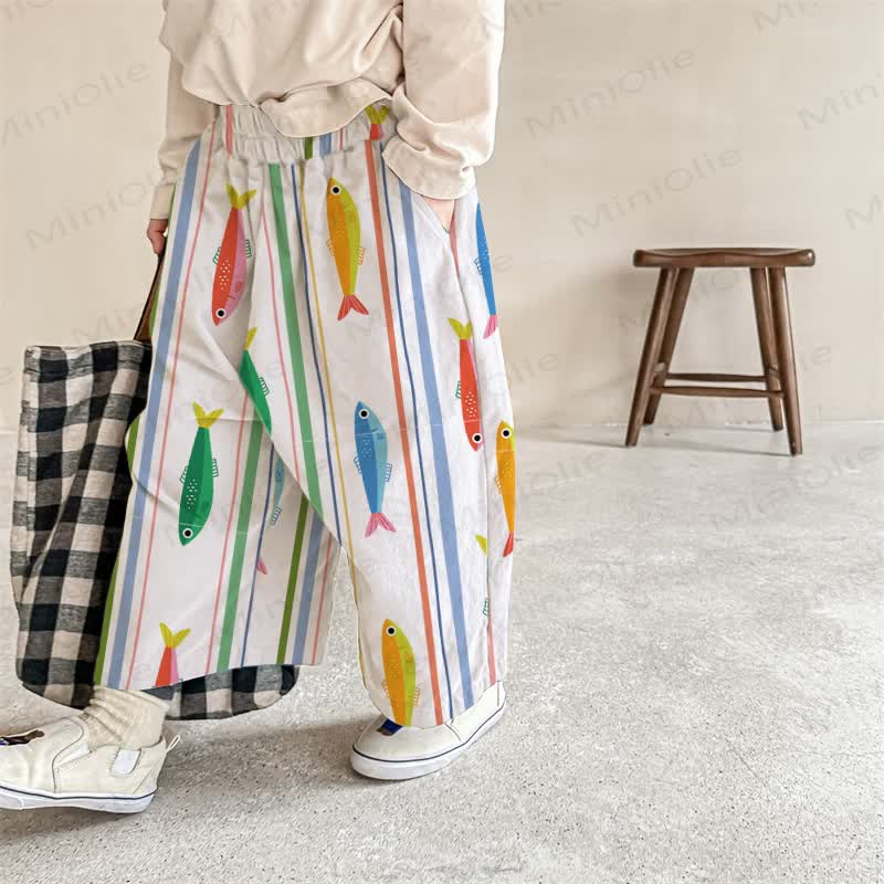 Baby Vertical Stripe Colorful Fish Print Pants - White - 2-3T - image 1
