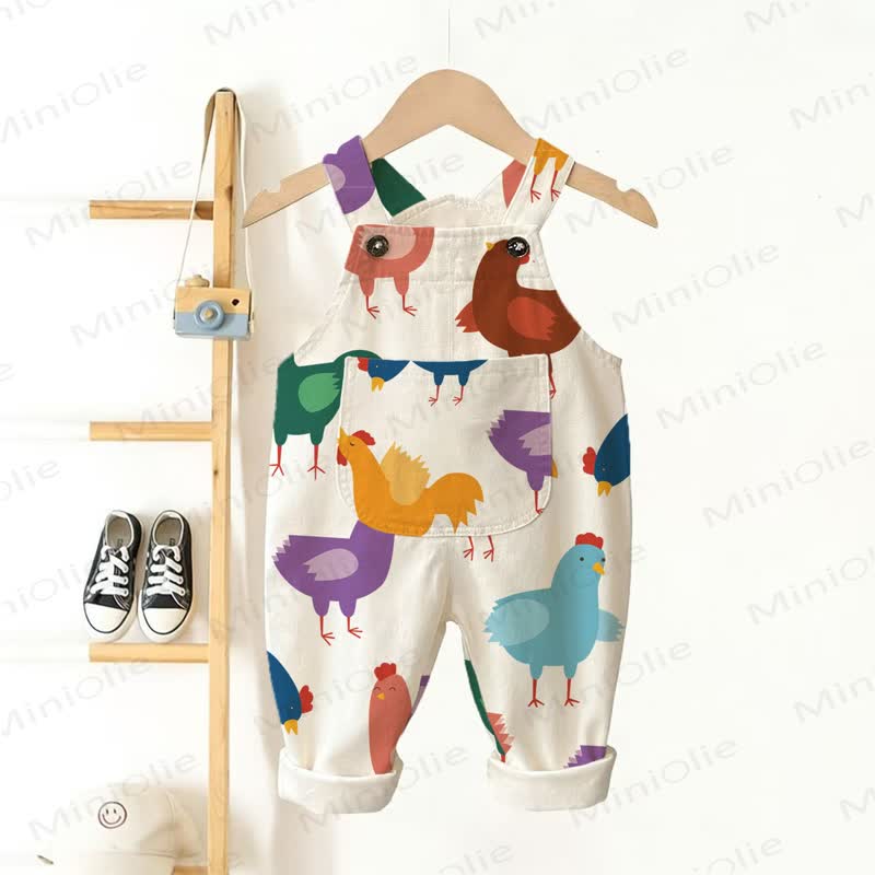 Baby Toddler Colorful Cartoon Chicken Print Overalls - Beige - 3-5T - image 1