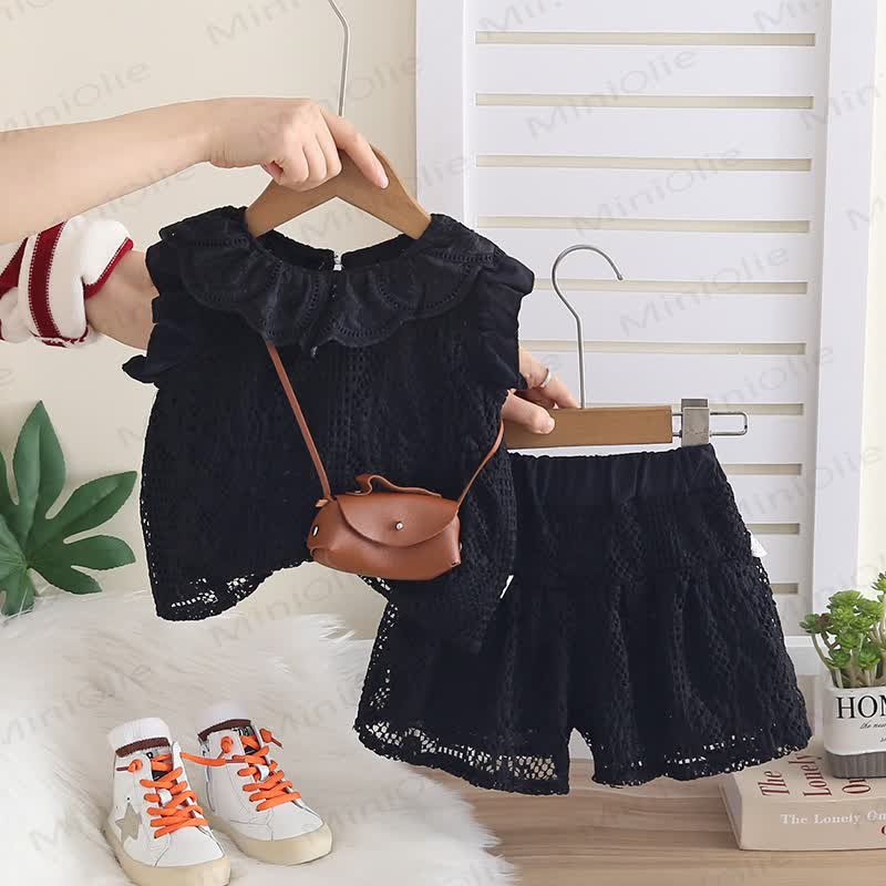 Toddler Baby Girl Crochet Lace Sleeveless Top and Shorts 2-piece Set with Bag - Black - 4-5T - image 4