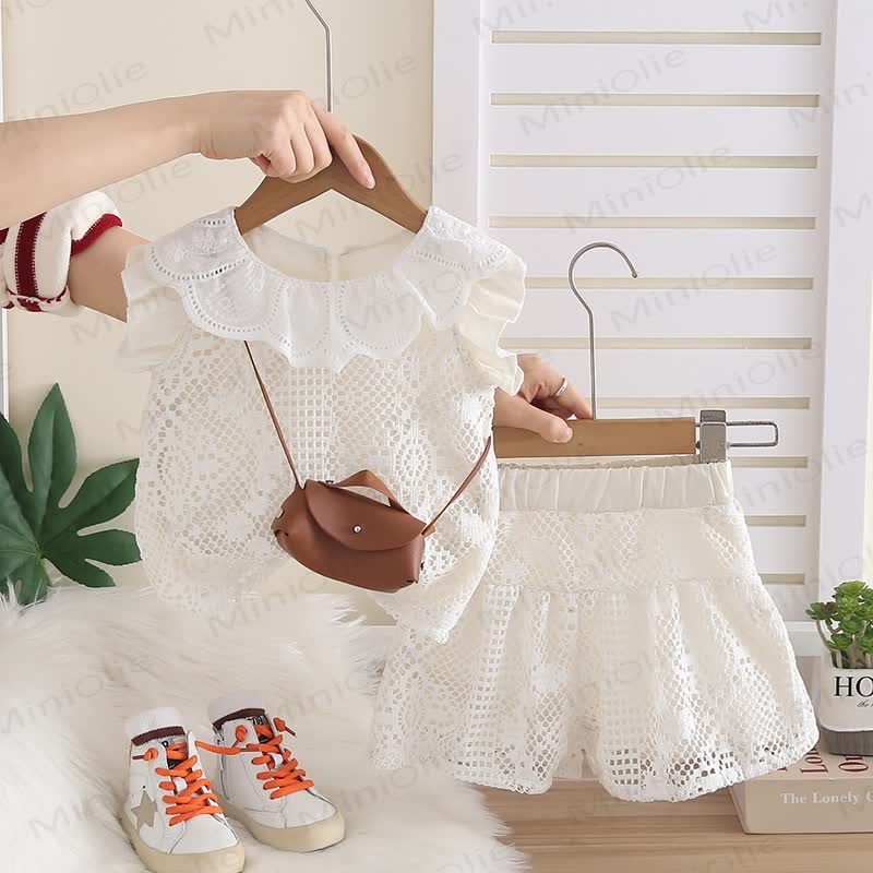 Toddler Baby Girl Crochet Lace Sleeveless Top and Shorts 2-piece Set with Bag - White - 4-5T - image 3
