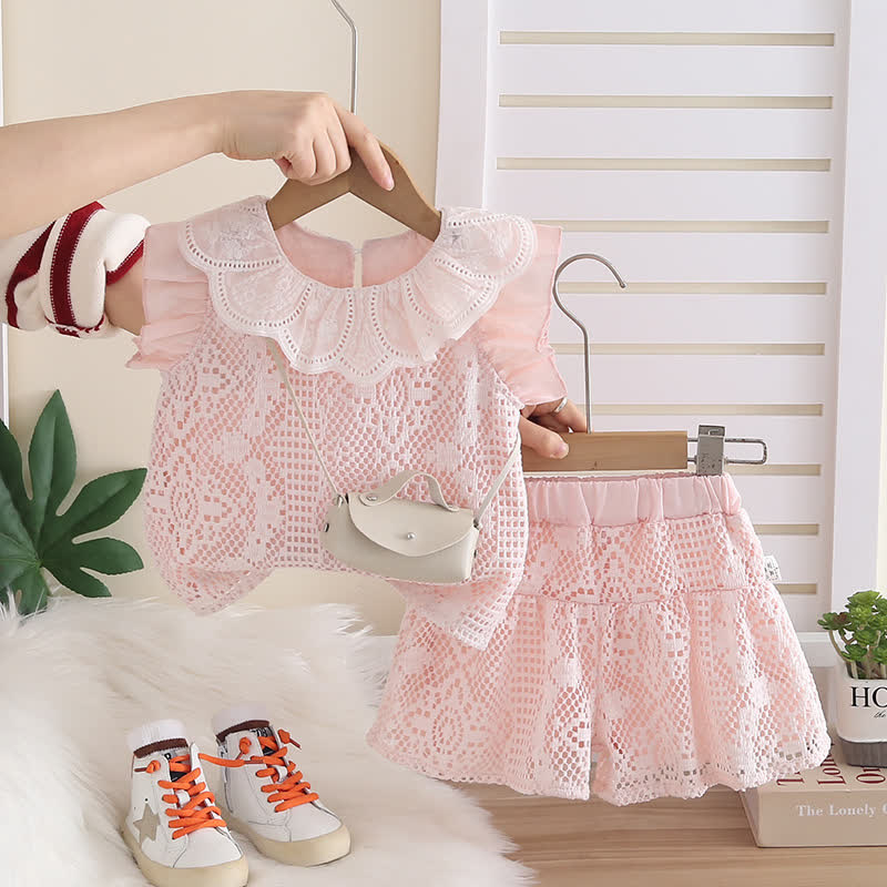 Toddler Baby Girl Crochet Lace Sleeveless Top and Shorts 2-piece Set with Bag - Pink - 4-5T - image 2