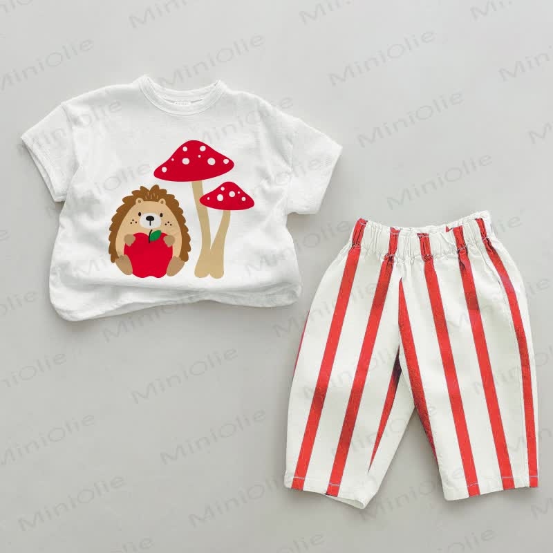 Baby Hedgehog and Mushroom Red Vertical Striped 2-piece Set - White&Red - 4-5T - image 1