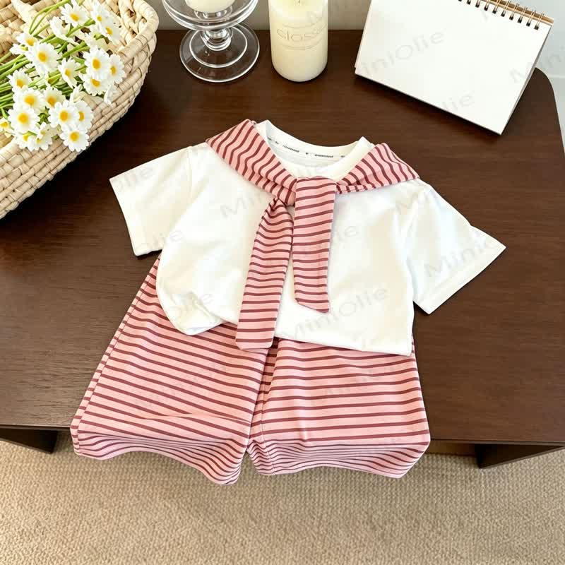 Toddler Girls Striped Layered Tee and Shorts 2-piece Set - Pink - 10-11T - image 2
