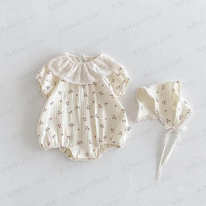 Baby Vintage Floral Ruffle Collar Bodysuit with Hat - image 5