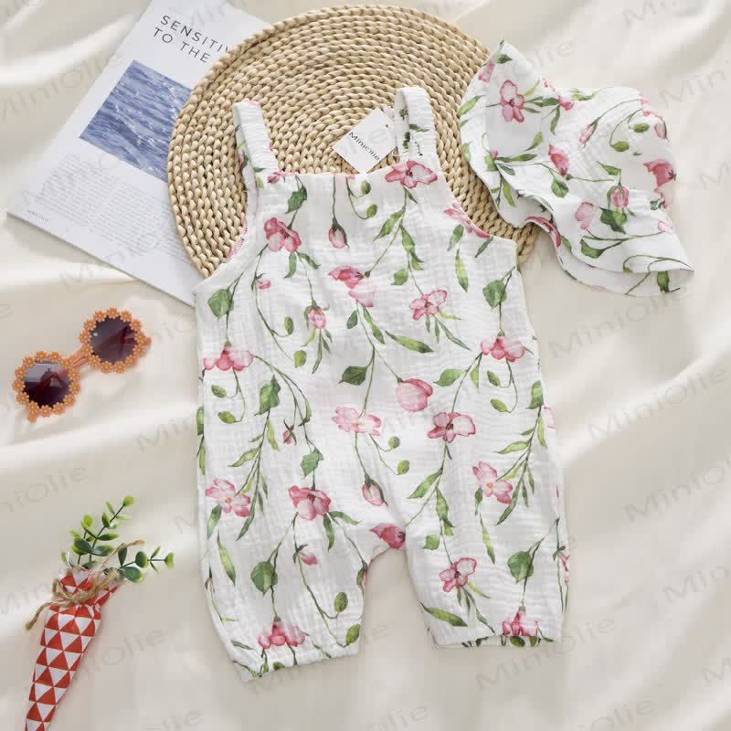 Baby Girl White Flower Print Romper with Hat - image 2