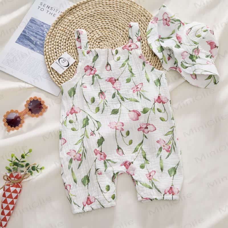 Baby Girl White Flower Print Romper with Hat - image 3