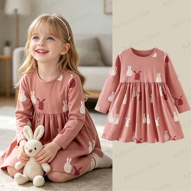 Toddler Girl Pink Bunny Print Long Sleeve Dress - image 1