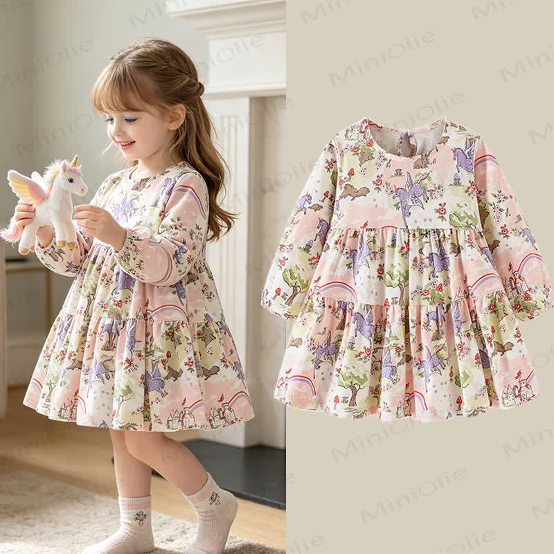 Toddler Girl Beige Unicorn Print Long Sleeve Dress - image 1