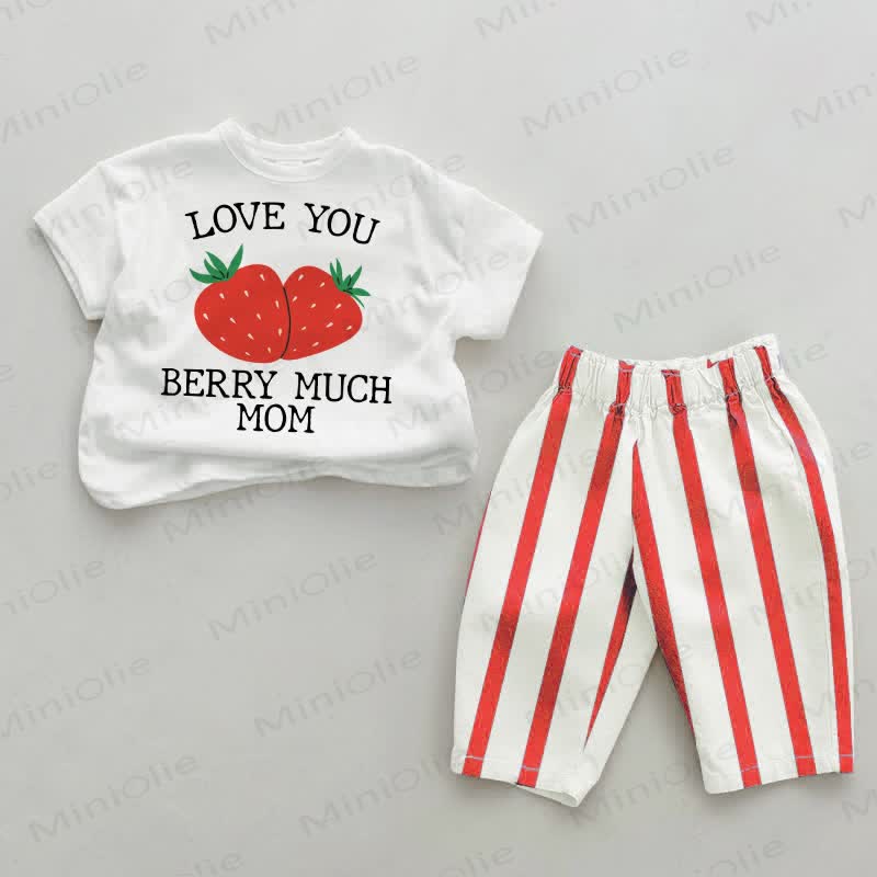 LOVE YOU BERRY MUCH MOM Baby Strawberry Red Vertical Striped 2-piece Set - White&Red - 4-5T - image 1