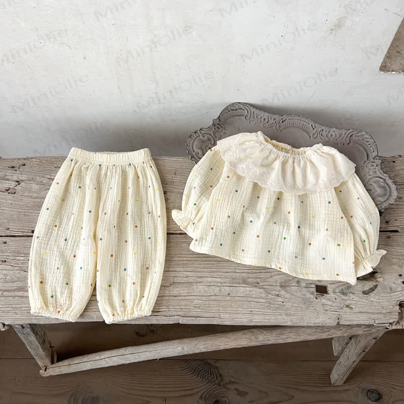 Toddler Baby Beige Print Long Sleeve Top and Pants 2-piece Set - Beige Dot - 2-3T - image 2