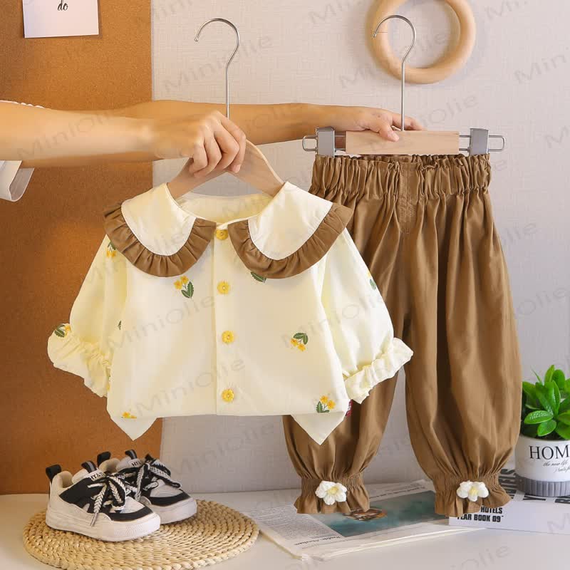 Toddler Baby Girl Floral Ruffle Collar Long Sleeve Top and Pants 2-piece Set - Brown - 4-5T - image 3
