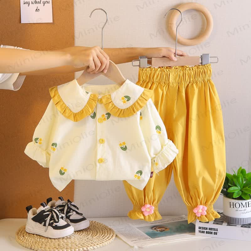 Toddler Baby Girl Floral Ruffle Collar Long Sleeve Top and Pants 2-piece Set - Yellow - 4-5T - image 2