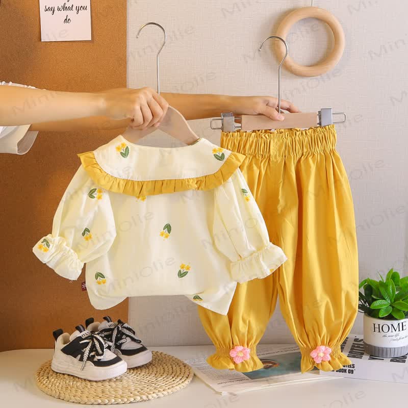 Toddler Baby Girl Floral Ruffle Collar Long Sleeve Top and Pants 2-piece Set - image 4