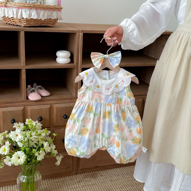 Bab Floral Collar Sleeveless Romper with Headband - image 1