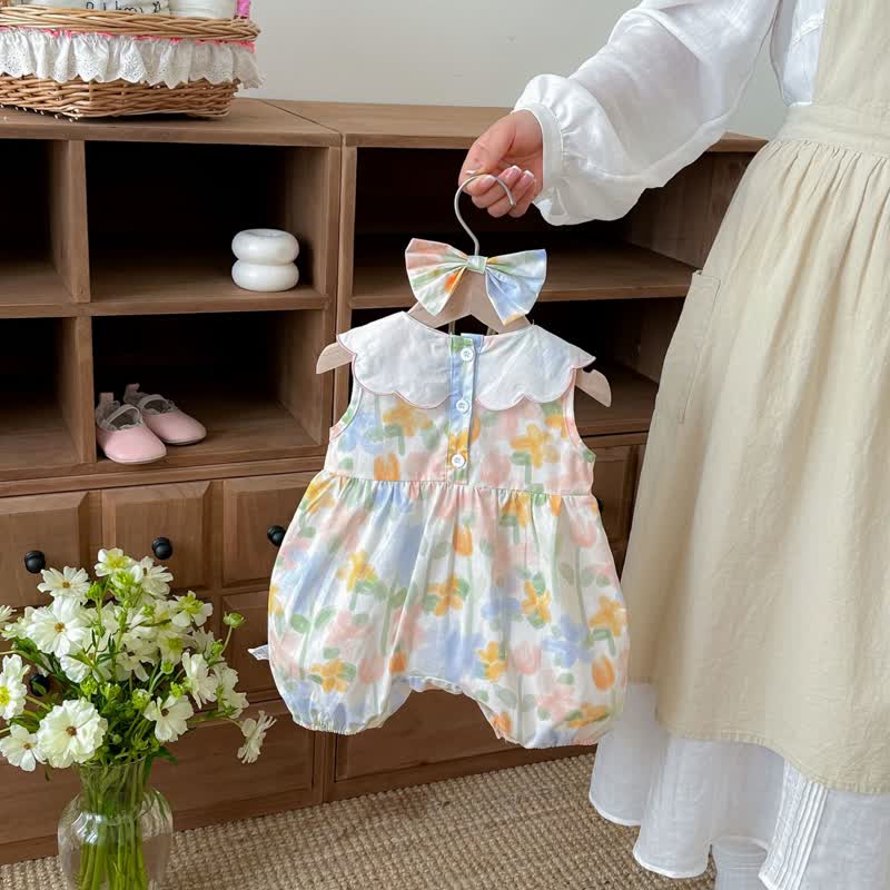 Bab Floral Collar Sleeveless Romper with Headband - image 2