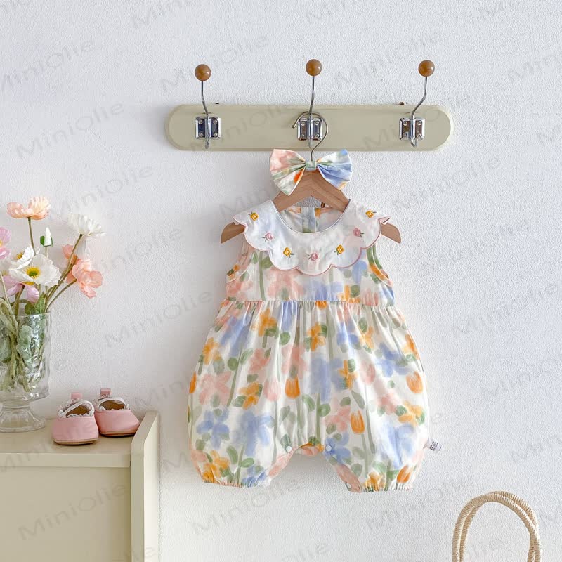 Bab Floral Collar Sleeveless Romper with Headband - image 10