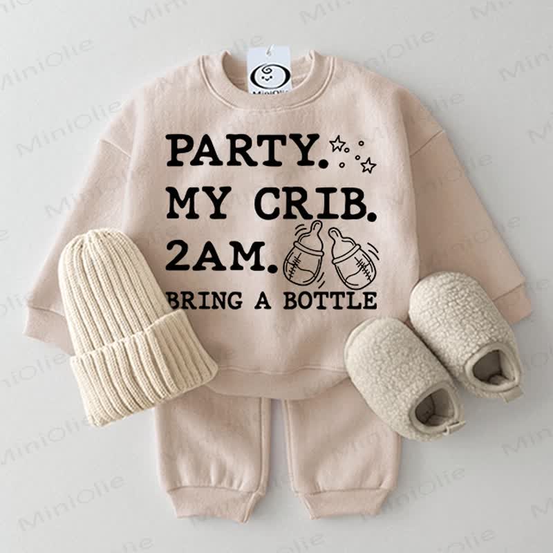 PARTY. MY CRIB. 2AM. BRING A BOTTLE Baby Beige Sweatshirt 2-piece Set - Beige - 2-3T - image 1