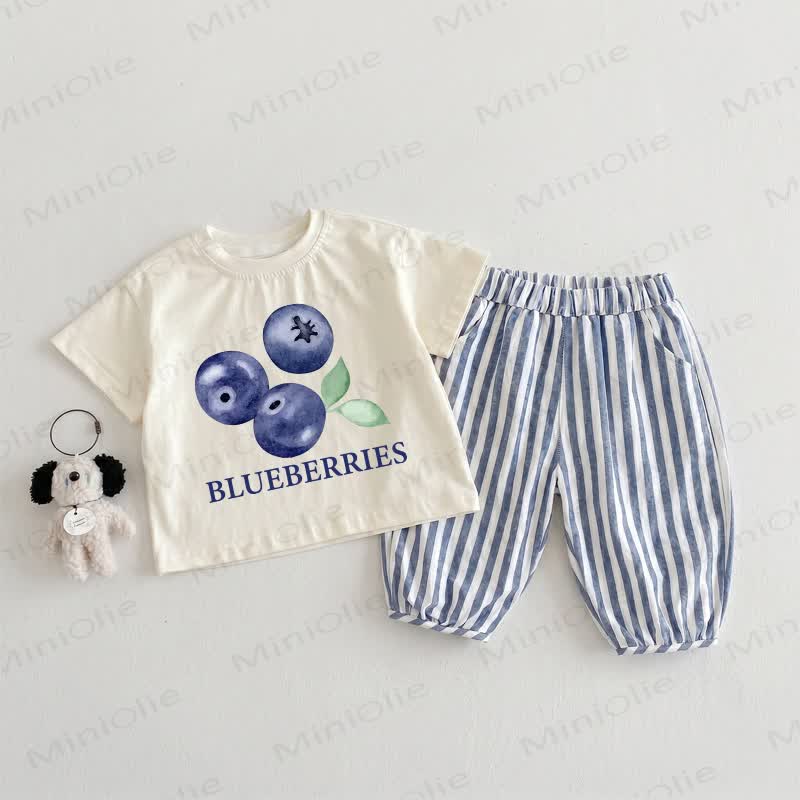 BLUEBERRIES Baby Toddler Beige&Blue Vertical Striped 2-piece Set - Beige&Blue - 3-4T - image 1