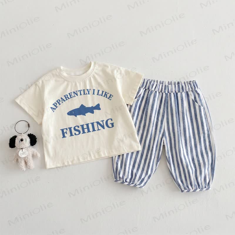 APPARENTLY I LIKE FISHING Baby Toddler Beige&Blue Vertical Striped 2-piece Set - Beige&Blue - 3-4T - image 1